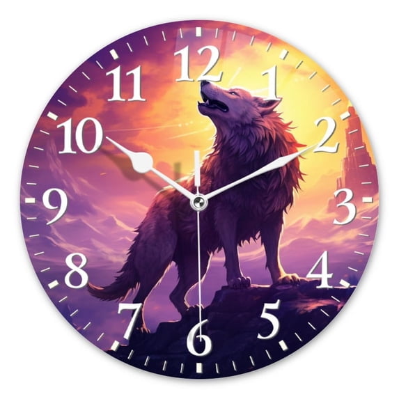 Non-Ticking Silent Wall Clocks Battery Operated Personalized Decor Clock for Living Room,Bedroom-Majestic Wolf Howling On Top Of Mountain At Sunset(16inch)