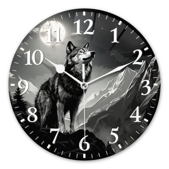 Non-Ticking Silent Wall Clocks Battery Operated Personalized Decor Clock for Living Room,Bedroom-Majestic Wolf Standing On The Edge Of Alpine Mountain Range(10inch)