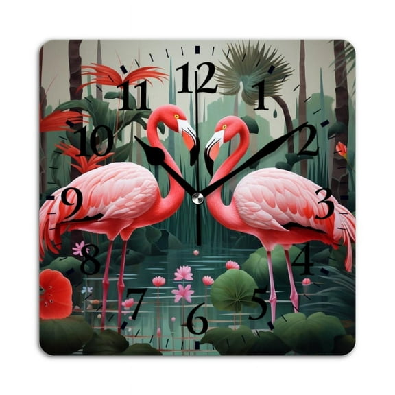 Non-Ticking Silent Wall Clocks Battery Operated Personalized Decor Clock for Living Room,Bedroom-Pink Flamingos In The Tropical Forest With Green Background(10inch)