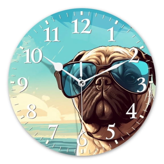 Non-Ticking Silent Wall Clocks Battery Operated Personalized Decor Clock for Living Room,Bedroom-Pug Wearing Sunglasses Against The Backdrop Of Palm Trees(10inch)