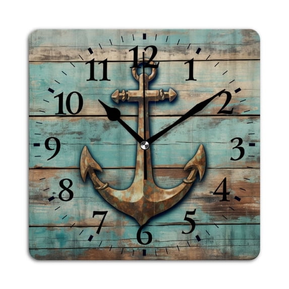 Non-Ticking Silent Wall Clocks Battery Operated Personalized Decor Clock for Living Room,Bedroom-Rustic Wood Background With Anchor And Nautical Elements(12inch)