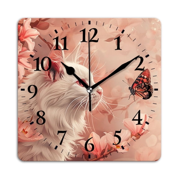 Non-Ticking Silent Wall Clocks Battery Operated Personalized Decor Clock for Living Room,Bedroom-White Cat With Pink Eyes Surrounded By Pink Flowers(10inch)