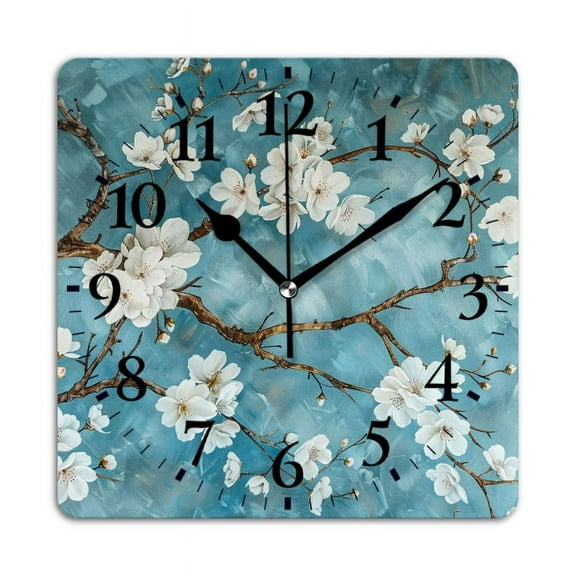 Non-Ticking Silent Wall Clocks Battery Operated Personalized Decor Clock for Living Room,Bedroom-White Flowers On Blue Background Cherry Blossoms(10inch)
