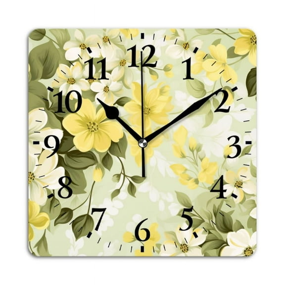 Non-Ticking Silent Wall Clocks Battery Operated Personalized Decor Clock for Living Room,Bedroom-Yellow And White Flowers On Light Green Background(12inch)
