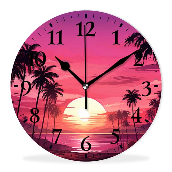Non-Ticking Silent Wall Clocks Battery Operated Personalized Decor Clock with Photo for Bathroom-Palm Trees Silhouettes on Tropical Beach at Sunset(12inch)