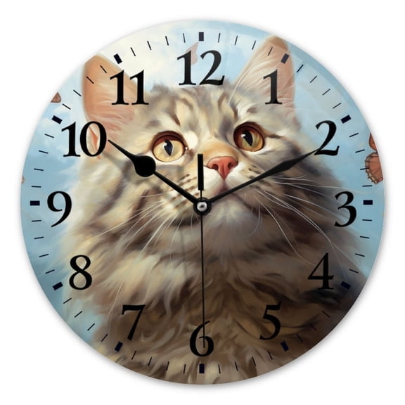 Non-Ticking Silent Wall Clocks Battery Operated Personalized Decor Clock for Bathroom,Office-Adorable Cat With Butterflies Flying Around(12inch)
