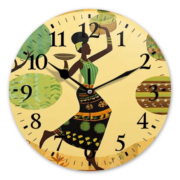 Non-Ticking Silent Wall Clocks Battery Operated Personalized Decor Clock for Bathroom,Office-African Woman Carrying Baskets On Head Dancing（10inch）