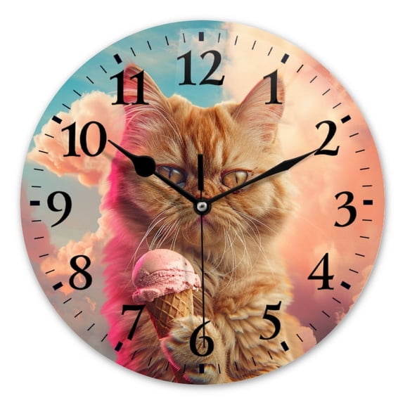 Non-Ticking Silent Wall Clocks Battery Operated Personalized Decor Clock for Bathroom,Office-Angry Cat Holding Ice Cream Cone In The Sky（10inch）
