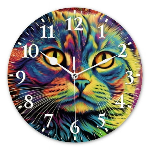 Non-Ticking Silent Wall Clocks Battery Operated Personalized Decor Clock for Bathroom,Office-Cat With Psychedelic Colors（14inch）