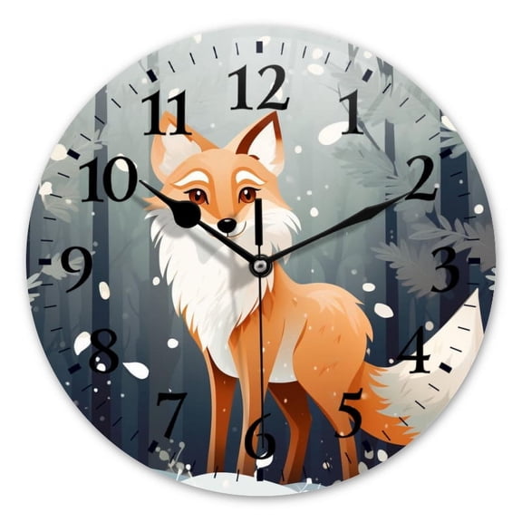 Non-Ticking Silent Wall Clocks Battery Operated Personalized Decor Clock for Bathroom,Office-Cute Cartoon Fox Standing In The Snow（10inch）