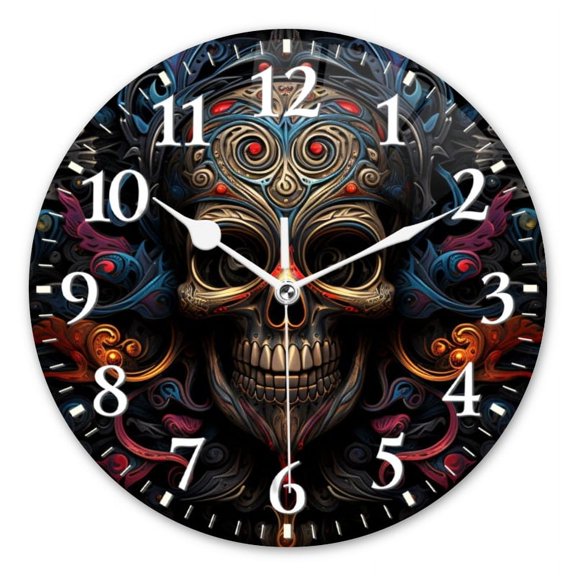 Non-Ticking Silent Wall Clocks Battery Operated Personalized Decor Clock for Bathroom,Office-Illustration Of Skull In Dark Fantasy Style（14inch）