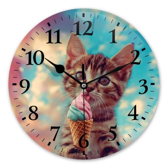 Non-Ticking Silent Wall Clocks Battery Operated Personalized Decor Clock for Bathroom,Office-Kitten Holding Ice Cream Cone In Paws(10inch)