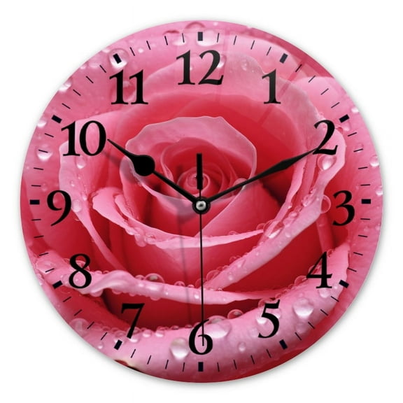 Non-Ticking Silent Wall Clocks Battery Operated Personalized Decor Clock for Bathroom,Office-Pink Rose With Water Droplets（12inch）
