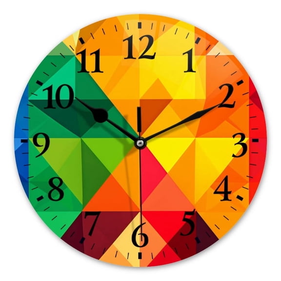 Non-Ticking Silent Wall Clocks Battery Operated Personalized Decor Clock for Bathroom,Office-Rainbow-Colored Triangular Pattern Background(14inch)