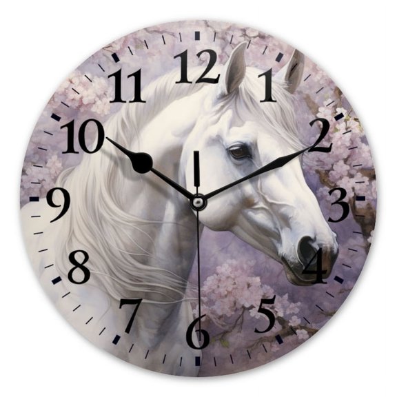Non-Ticking Silent Wall Clocks Battery Operated Personalized Decor Clock for Bathroom,Office-White Horse Standing Under Cherry Blossom Tree（12inch）