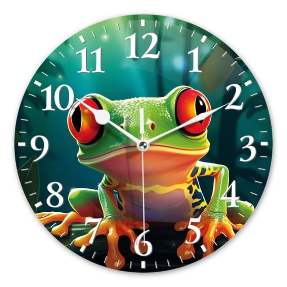 Non-Ticking Silent Wall Clocks Battery Operated Personalized Decor Clock for Living Room,Bedroom-Cartoon Red-Eyed Tree Frog In The Jungle(10inch)