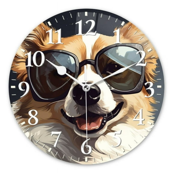 Non-Ticking Silent Wall Clocks Battery Operated Personalized Decor Clock for Living Room,Bedroom-Cute Corgi Wearing Sunglasses Smiles(10inch)