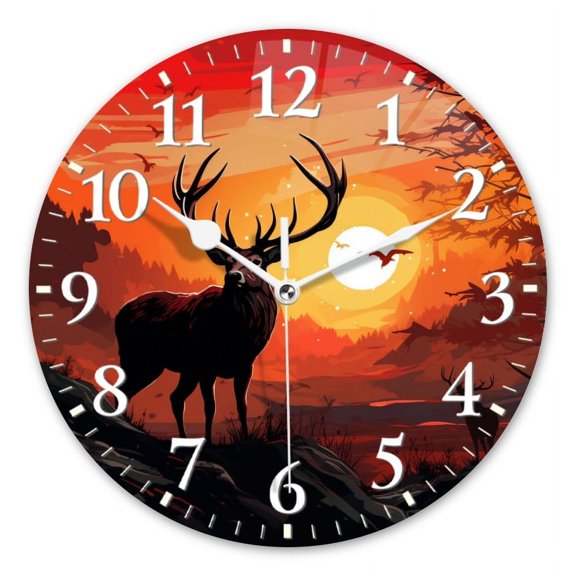 Non-Ticking Silent Wall Clocks Battery Operated Personalized Decor Clock for Living Room,Bedroom-Deer In Forest With Sunset Sky(10inch)