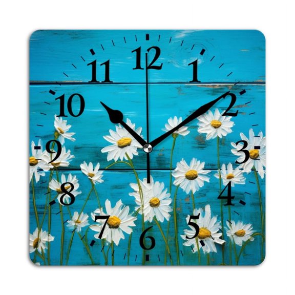 Non-Ticking Silent Wall Clocks Battery Operated Personalized Decor Clock for Living Room,Bedroom-White Daisies On Blue Wooden Background(10inch)