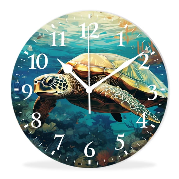Non-Ticking Silent Wall Clocks Battery Operated Personalized Decor Clock with Photo for Bathroom-Green Sea Turtle Swim in the Sea(10inch)