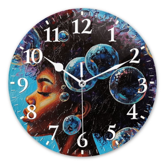 Round Wall Clock,Beautiful Black Woman With Afro Surrounded By Bubbles,Silent Non-Ticking Wall Clock Decor for Home Office Kitchen Living Room Bedroom(10inch)