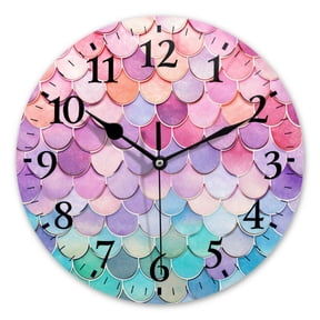 Non-Ticking Silent Wall Clocks Personalized Analog Round Clock Battery Operated Clocks Decorative for Kitchen,Office-Beautiful Pastel Rainbow Mermaid Scales(10inch)
