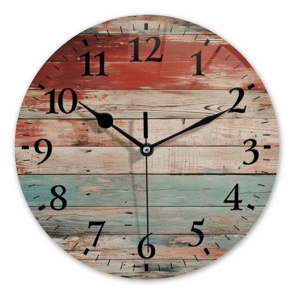 Non-Ticking Silent Wall Clocks Personalized Analog Round Clock Battery Operated Clocks Decorative for Kitchen,Office-Colorful Rustic Wooden With Distressed Wooden(10inch)