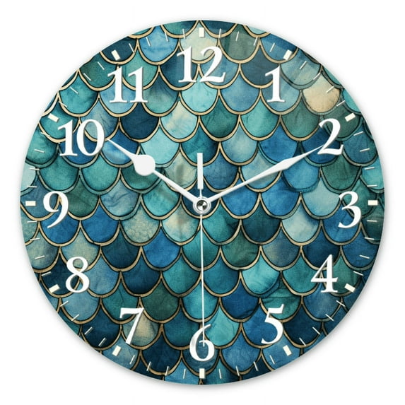 Non-Ticking Silent Wall Clocks Personalized Analog Round Clock Battery Operated Clocks Decorative for Kitchen,Office-Mermaid Scales With Unique Color(14inch)