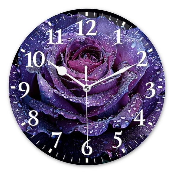 Non-Ticking Silent Wall Clocks Personalized Analog Round Clock Battery Operated Clocks Decorative for Kitchen,Office-Purple Rose With Water Droplets And Against Black Background(10inch)