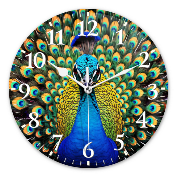Non-Ticking Silent Wall Clocks Personalized Analog Round Clock Battery Operated Clocks Decorative for Kitchen,Office-Beautiful Peacock Displaying Colorful Feathers(16inch)