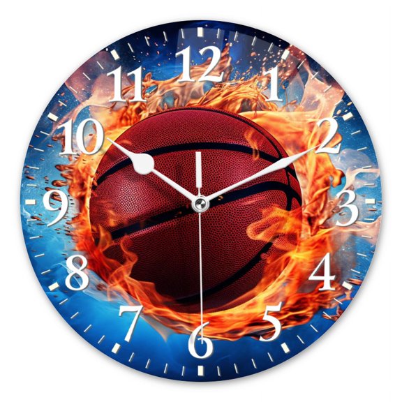 Non-Ticking Silent Wall Clocks Quartz Battery Operated Modern Wall Clocks Decorative for Living Room,Bedroom-Basketball On Fire With Blue Background(12inch)
