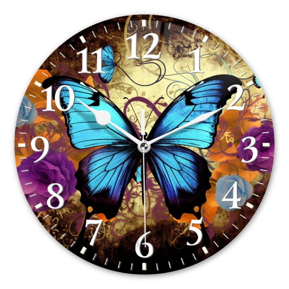 Non-Ticking Silent Wall Clocks Quartz Battery Operated Modern Wall Clocks Decorative for Living Room,Bedroom-Blue Butterfly With In The Purple Roses Background(12inch)