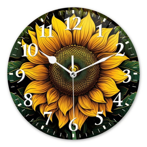 Non-Ticking Silent Wall Clocks Quartz Battery Operated Modern Wall Clocks Decorative for Living Room,Bedroom-Sunflower With Vibrant Yellow Petals And Green Leaves(12inch)