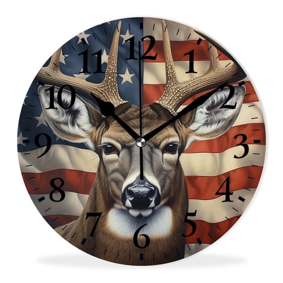 Non-Ticking Silent Wall Clocks with Quartz Movement,Battery Operated Analog Clock Modern Decor Clock for Home-American Flag Deer Forest Colorful(10inch)