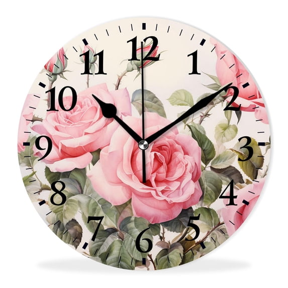 Non-Ticking Silent Wall Clocks with Quartz Movement,Battery Operated Analog Clock Modern Decor Clock for Home-Floral Pink Roses on White Beautiful(12inch)