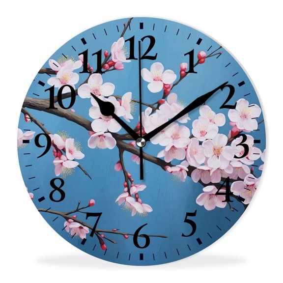 Non-Ticking Silent Wall Clocks with Quartz Movement,Battery Operated Analog Clock Modern Decor Clock for Home-Spring Cherry Blossoms(10inch)