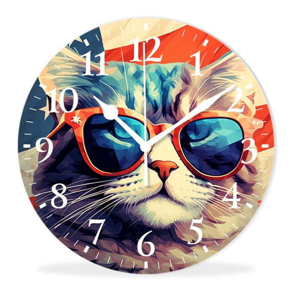 Non-Ticking Sweep Movement Wall Clock Battery Operated Analog Wall Clocks Decorative for Bedroom-A Gray Cat Patriot Wearing Sunglasses Multicolor(16inch)