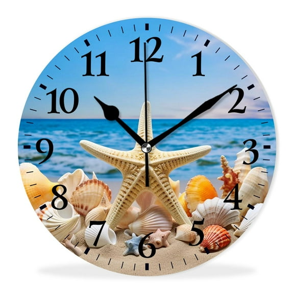 Non-Ticking Sweep Movement Wall Clock Battery Operated Analog Wall Clocks Decorative for Bedroom-Beach Paintings of Shells and Starfish With the Blue Sea(10inch)