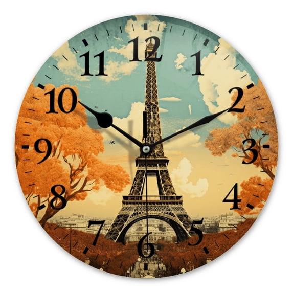 Round Analog Wall Clocks with Non-Ticking Sweep Movement,Battery Operated Clcoks Decorative for Home,Office-Eiffel Tower With Orange And Blue Sky(14inch)