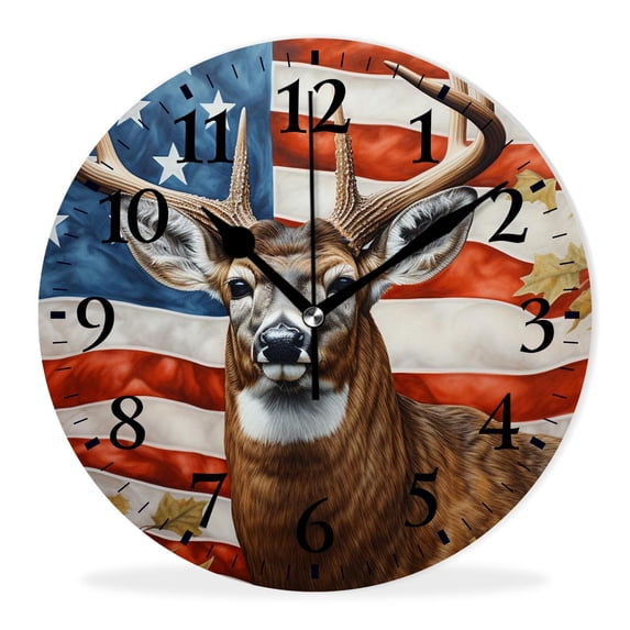 Non-Ticking Sweep Movement Wall Clock Battery Operated Analog Wall Clocks Decorative for Bedroom-American Flag Deer Forest Print(16inch)