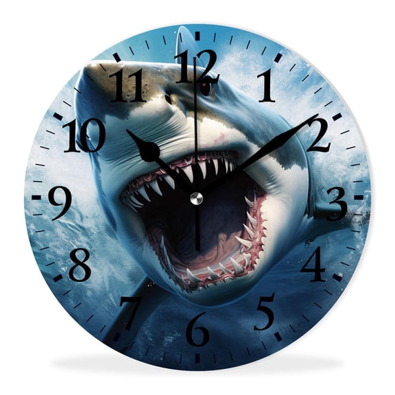 Non-Ticking Sweep Movement Wall Clock Battery Operated Analog Wall Clocks Decorative for Bedroom-Great White Shark with its Mouth 0pen(14inch)