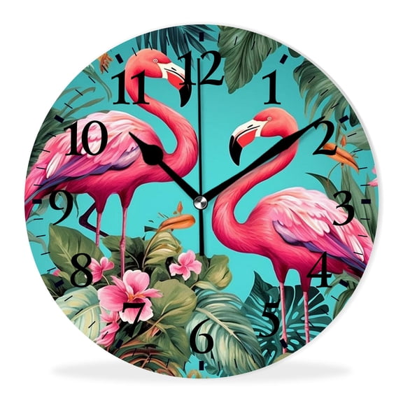 Non-Ticking Sweep Movement Wall Clock Battery Operated Analog Wall Clocks Decorative for Bedroom-Vivid Flamingo Plants and Flowers Green(14inch)