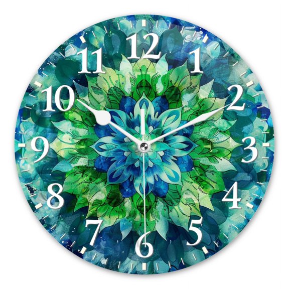 Non-Ticking Sweep Movement Wall Clocks Battery Operated Analog Wall Clock Decor for Bedroom,Office,Kitchen-Mandala Of Blue And Green Lotus Flowers(10inch)