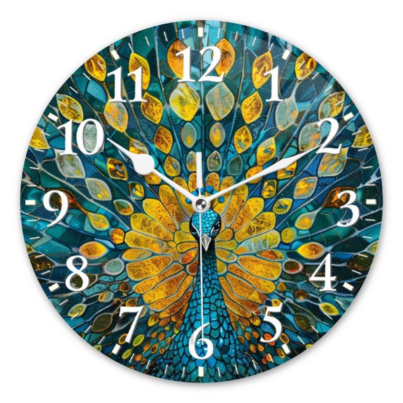 Non-Ticking Sweep Movement Wall Clocks Battery Operated Analog Wall Clock Decor for Bedroom,Office,Kitchen-Peacock In The Style Of Stained Glass(10inch)