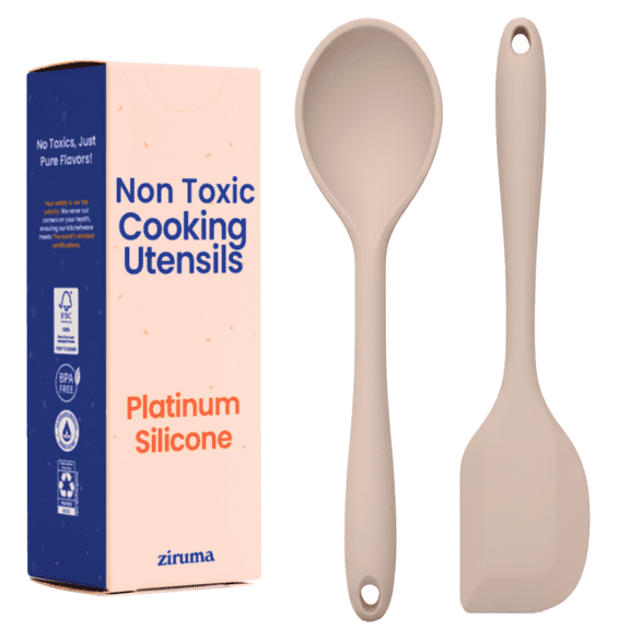 Non-Toxic 2-Piece Platinum Silicone Kitchen Utensil Set  BPA-Free, Stainless Steel Core, Heat Resistant 500F, Non-Stick and Dishwasher Safe Cooking Tools  Beige