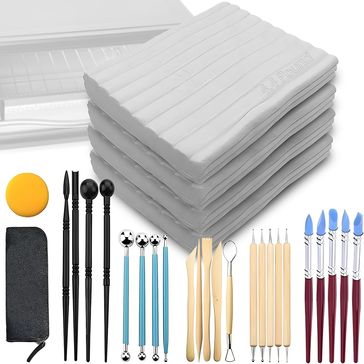 Non Toxic 4.4Lbs Oven Bake Polymer Clay White with Pottery Tools & Paint Brushes, Great for Modeling, Sculpting, Holiday, DIY Jewelry Making Projects – Great for All Skill Levels