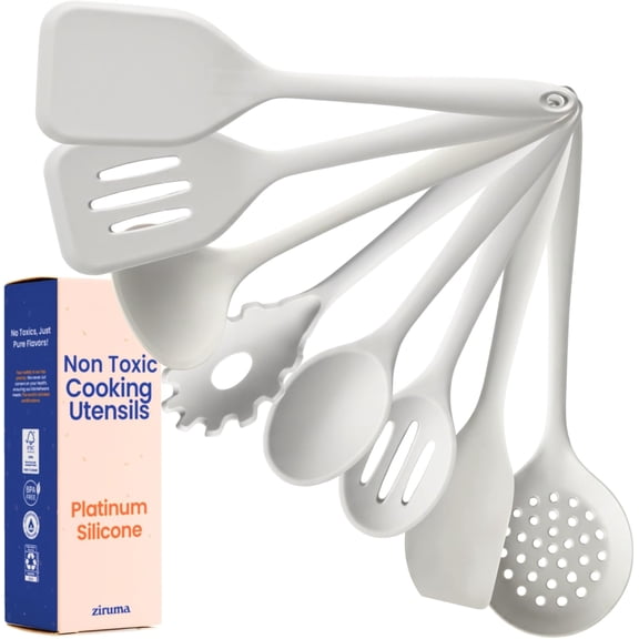 Non-Toxic 8-Piece Platinum Silicone Kitchen Utensil Set  BPA-Free, Stainless Steel Core, Heat Resistant 500F, Non-Stick and Dishwasher Safe Cooking Tools  Gray
