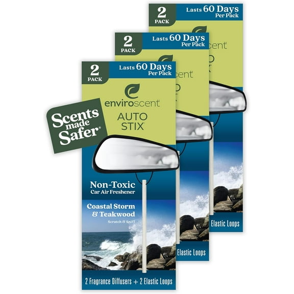 Non-Toxic* Car Air Freshener Auto Stix - Scents Made Safer Enjoy Fragrance Lasts Up to 180 Days Includes Diffusers & Elastic Loops Coastal Storm Teakwood (Pack of 3)