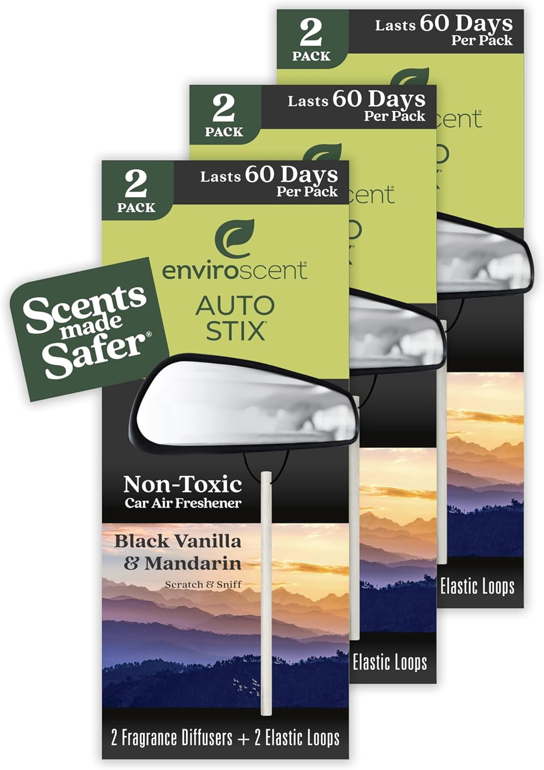 Non-Toxic Car Air Freshener (Black Vanilla & Mandarin) Natural Car Air Freshener | Essential Oil Diffuser | Car Scent Lasting Over 180 Days | 3 Packs of 2 Hanging Auto Stix