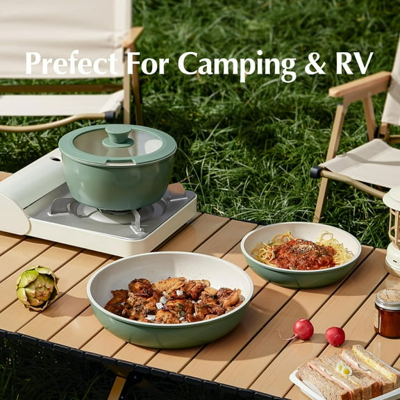 Non Toxic Ceramic Cookware Set with Detachable Handles, Oven Safe & Dishwasher Safe, RV Camping Kitchen Essentials